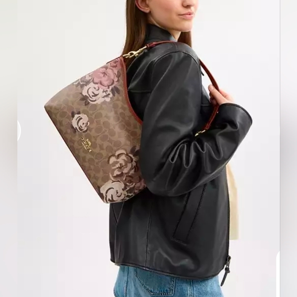 ❤️Coach Signature Floral Shoulder Bag in Brown and Pink - Picture 9 of 10
